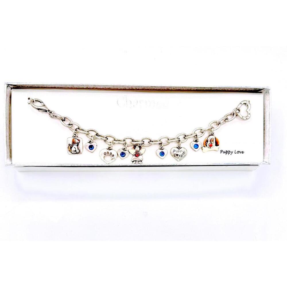 NWT Charmed Puppy Love silver tone 9 charm puppy, heart and angel charm bracelet